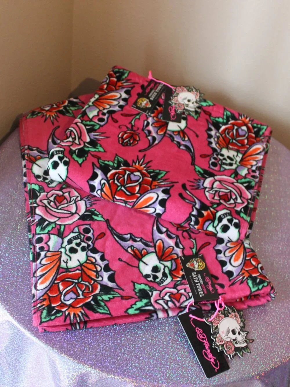 Ed Hardy Pink Tattoo Print Large Bath Towels NWT
